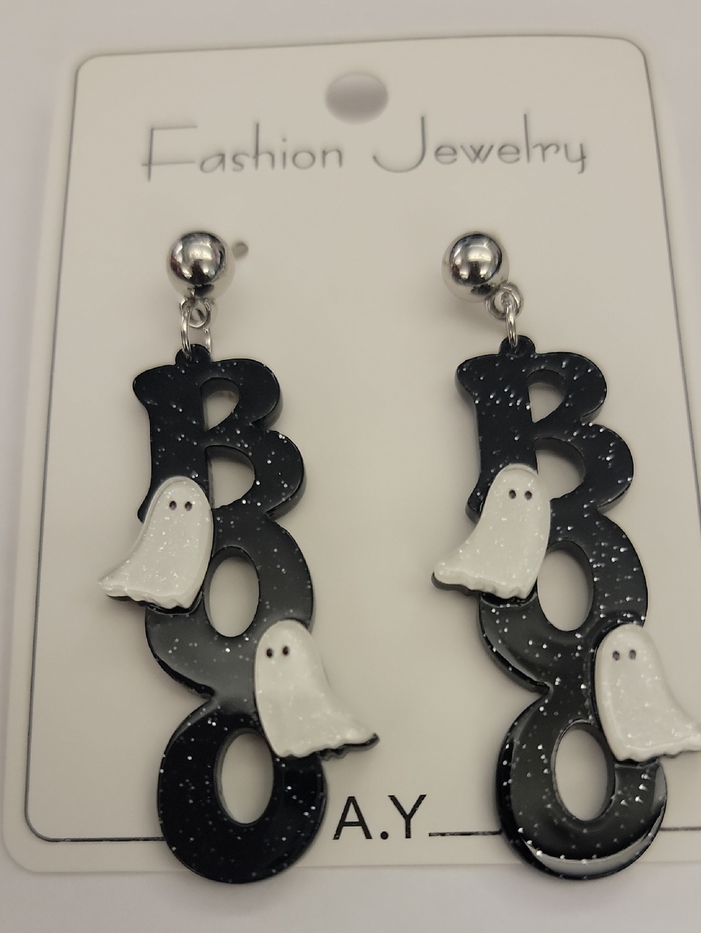 Fashion Jewelry Black & White Ghost 'BOO' Drop Earrings